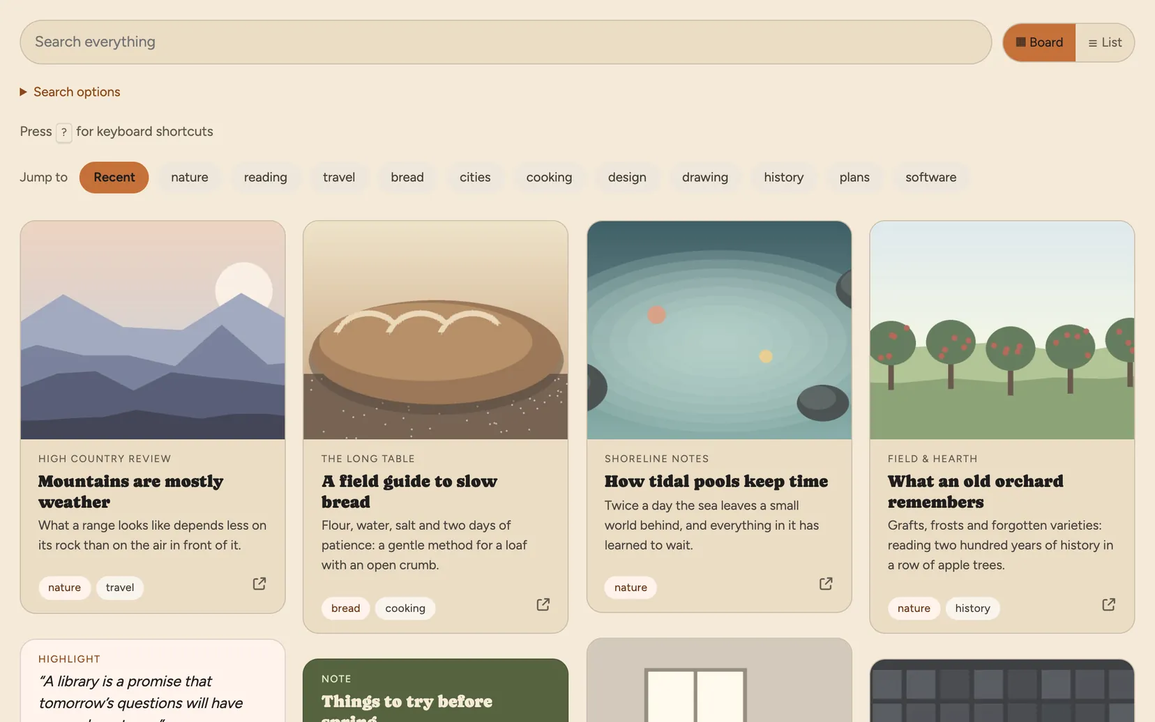 The board: saved links as cards with their pictures, titles and tags, beside a highlight and a note.