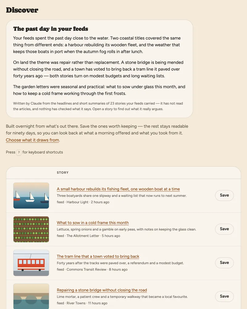 Discover: a short briefing on the past day in your feeds, above the day's reading list.